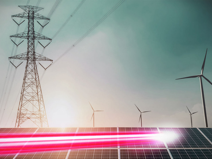 Electricity pylons distributing power with red EPLAN flash